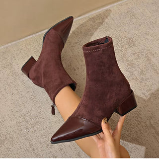 Gracia Suede Ankle Boots – Patent Detail with Block Heel