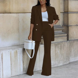 Double-Breasted Long Blazer and Flared Trousers Set | Valerisse