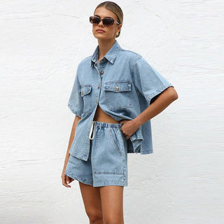 Casual button-down shirt and drawstring shorts set for women | Elira