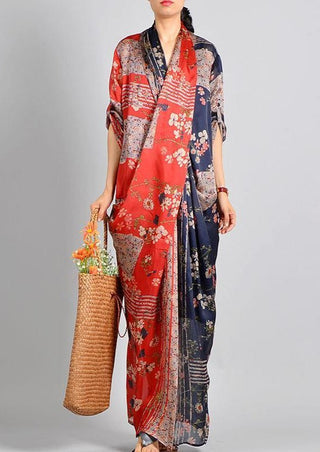 Red Print V-Neck Maxi Robe Dress – Refined Flowing Silhouette | Aramea