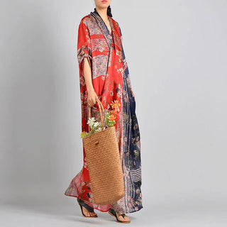 Red Print V-Neck Maxi Robe Dress – Refined Flowing Silhouette | Aramea