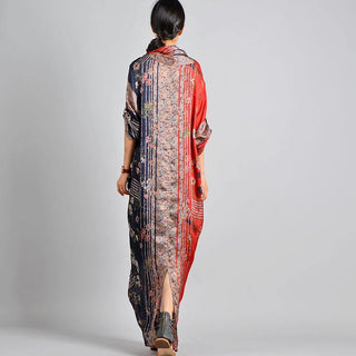Red Print V-Neck Maxi Robe Dress – Refined Flowing Silhouette | Aramea