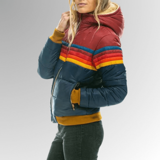 Retro Color Block Puffer Jacket with Hood