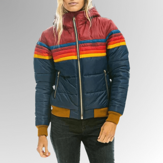 Retro Color Block Puffer Jacket with Hood