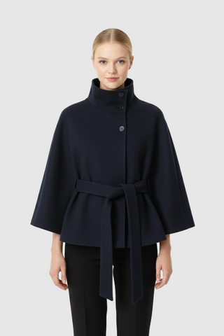Ivanna Women’s Wool Coat – Elegant High Collar with Removable Belt & Relaxed Fit
