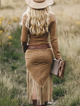 Retro Western Tassel Lapel Midi Dress