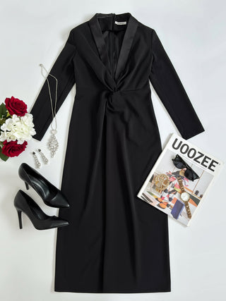 Deep V-Neck Long Sleeve Bodycon Maxi Dress | Noire