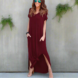 Casual V-Neck T-Shirt Maxi Dress with Side Slit | Althea