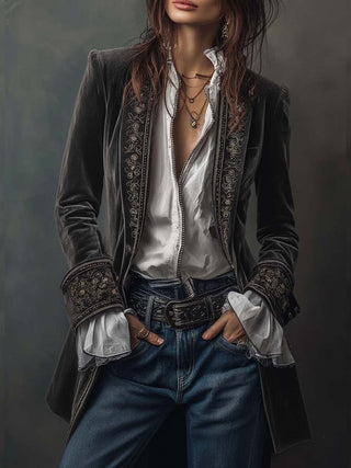 Vintage Embroidered Navy Velvet Long Jacket | Isabella