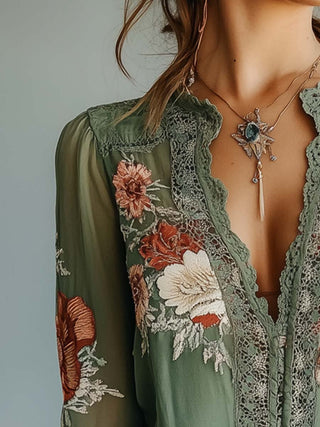 Bohemian Floral Lace Blouse | Sage