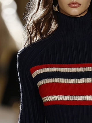 Retro French High-Collar Red & White Striped Knit Dress