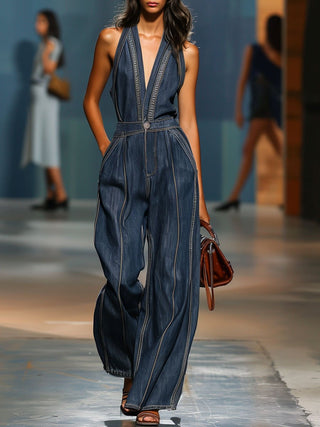 V-Neck Retro Wide-Leg Denim Jumpsuit | Clara