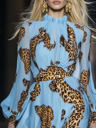 Elegant Leopard Print Sky Blue Chiffon Mini Dress | Arlena