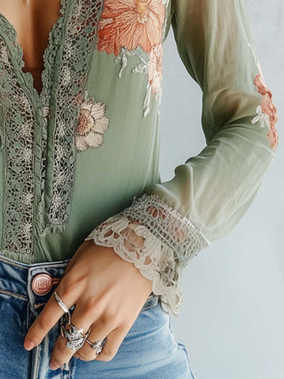 Bohemian Floral Lace Blouse | Sage