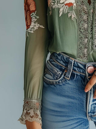Bohemian Floral Lace Blouse | Sage
