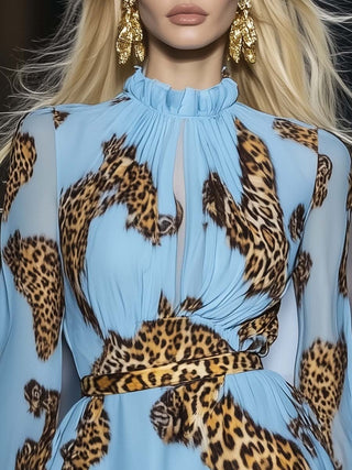 Elegant Leopard Print Sky Blue Chiffon Mini Dress | Arlena