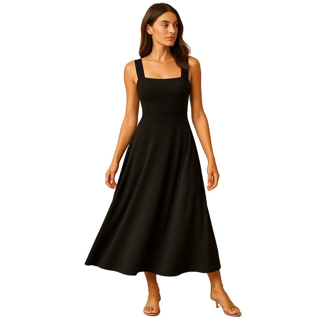 Women's Square Neck Midi Dress | Breathable Cotton Blend with Waist Tie | Yinthe