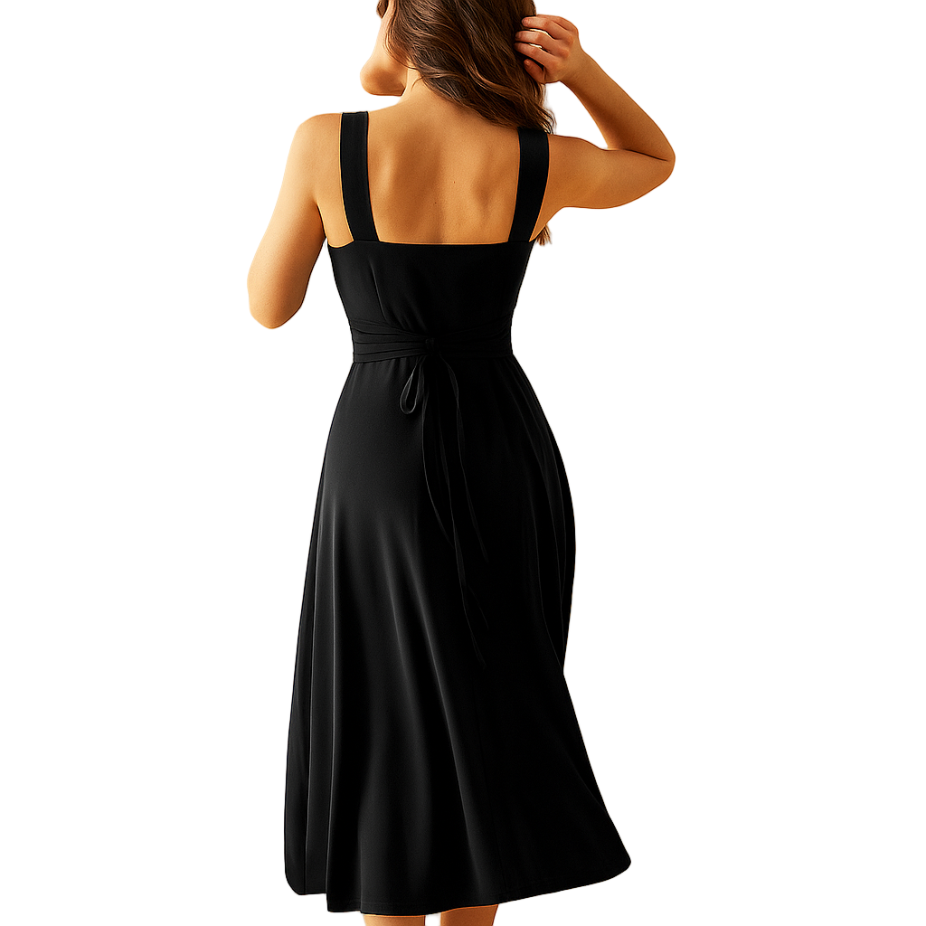 Women's Square Neck Midi Dress | Breathable Cotton Blend with Waist Tie | Yinthe