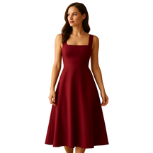 Women's Square Neck Midi Dress | Breathable Cotton Blend with Waist Tie | Yinthe