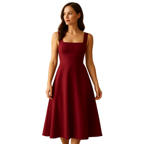 Women's Square Neck Midi Dress | Breathable Cotton Blend with Waist Tie | Yinthe