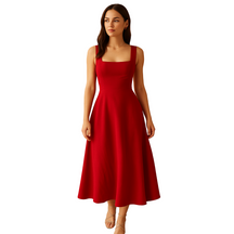 Women's Square Neck Midi Dress | Breathable Cotton Blend with Waist Tie | Yinthe
