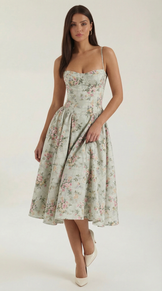 Corset Midi Dress – Vintage Floral Silhouette | Odette