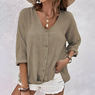 Relaxed V-Neck Button-Up Blouse | Marcia