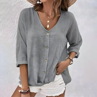 Relaxed V-Neck Button-Up Blouse | Marcia