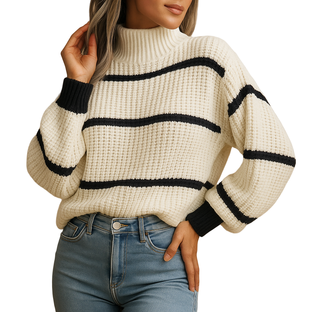 Women's Striped High Neck Knit Sweater | Black & White Relaxed Fit | Celine
