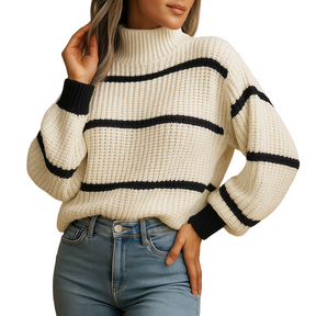 Women's Striped High Neck Knit Sweater | Black & White Relaxed Fit | Celine