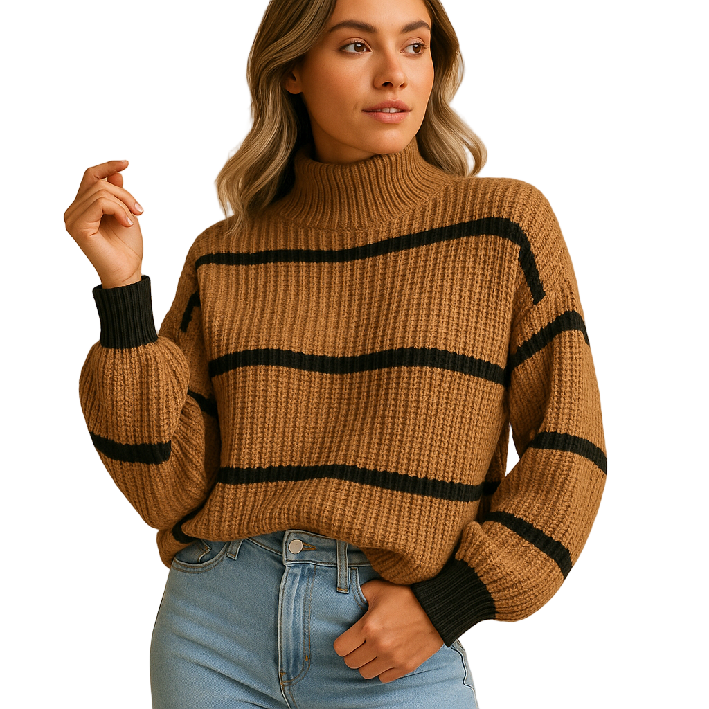 Women's Striped High Neck Knit Sweater | Black & White Relaxed Fit | Celine